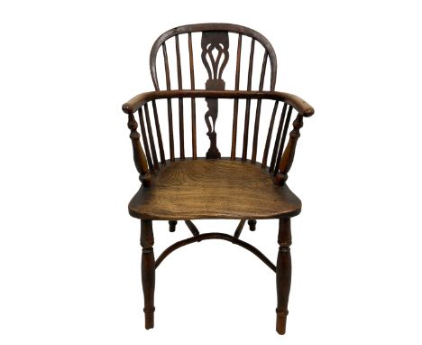 19th century yew wood and elm Windsor chair, low hoop stick back with pierced splat, dished seat raised on ring turned suppor