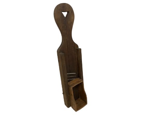 Large Victorian oak mandolin for large fruit or pineapples, triangular pierced handle, integrated pine fruit basket over four