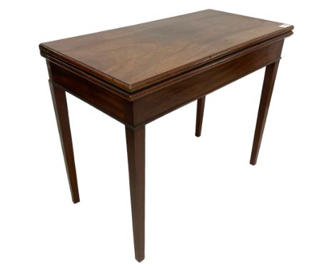 George III mahogany tea table, rectangular fold-over top with moulded edge, over single gate-leg action base, raised on squar