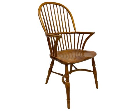 Elm Windsor armchair, double hoop and stick back, dished seat on turned supports united by crinoline stretcher Dimensions: He