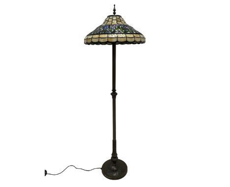 Tiffany style standard lamp, with floral leaded glass shade, fluted stem and circular cast base Dimensions: Height:&nbsp;160c