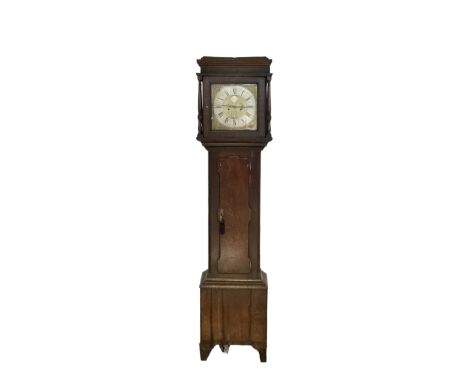 Henry Watson of Huddersfield  - mid-18th century 8-day oak longcase with a flat caddy top and turned pilasters flanking the h