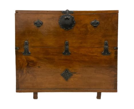 20th century pine and elm Bandaji cabinet or chest, rectangular form with fold down lid revealing fitted interior, decorated 