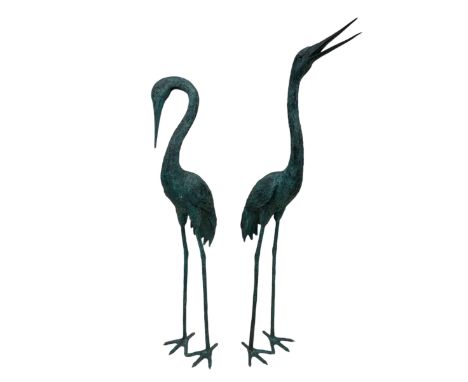 Pair of 20th century bronze garden statues of crane birds, modelled as standing, each with verdigris patina Dimensions: Heigh