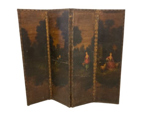 19th century painted leather and tapestry four panel folding screen, the leather panels painted with country scenes depicting