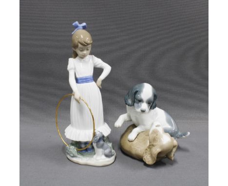 Nao Spanish porcelain figure of a girl with hoop and a group of two dogs (2) 24cm 