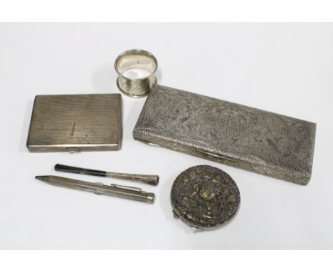 Mixed lot to include Epns cigarette case, box, compact, napkin ring, propelling pencil, cheroot and brass buttons (a lot) 