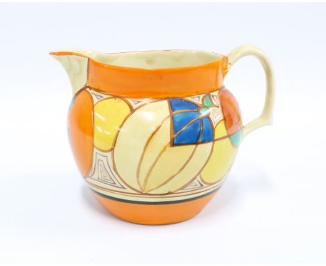 Clarice Cliff Melon pattern jug, hand painted in yellow, green, orange and blue, between orange an black bands, with a single