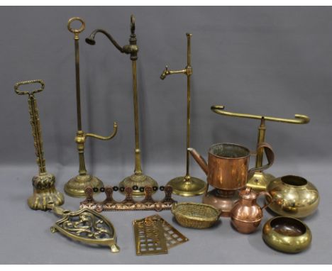 Brass and copper wares to include bed pans, students lamp and a snooker cue rack, etc (a lot) 