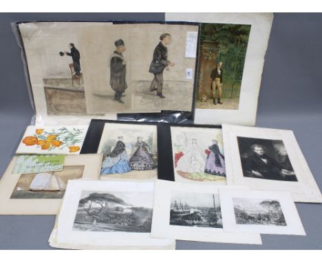 Quantity of unframed botanical illustrations, prints and lithographs, etc together with three E.P Holt (Ned Holt) character w