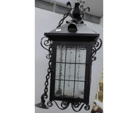 Black lantern light  shade / fitting with dimpled glass panels, drop 57cm 
