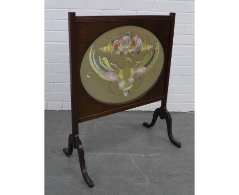 Arts &amp; Crafts silk embroidery, finely stitched and contained within a mahogany fire screen. 77 x 63cm. 