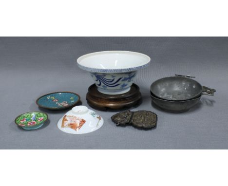 Mixed lot to include two pewter vin de taste, Japanese porcelain bowl, cloisonne dish, Indian enamel dish, etc (a lot) 