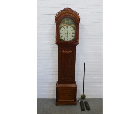 19th century mahogany longcase clock with a carved arched top over a painted dial inscribed Winters, Glasgow, complete with p