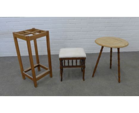 Early 20th century oak stick / umbrella stand, footstool and cricket table (3) 