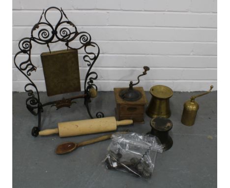 Vintage kitchenalia to include coffee grinder, rolling pin, table gong and beater, corkscrews, small ice cream moulds, etc (a