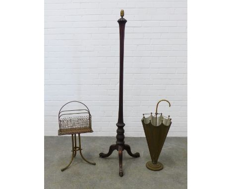 Early 20th century brass umbrella / stick stand, 72 x 30cm, an Edwardian brass magazine rack and a mahogany standard lamp (3)