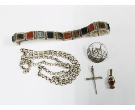 Silver and hardstone bracelet, silver necklace, silver brooch and crucifix and a lantern charm (5) 