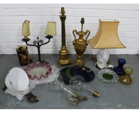 Collection of table lamps to include Corinthian brass column lamp, white glazed pottery table lamp base,  twin branch candela