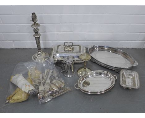 Quantity of Epns and silver plated items to include cutlery and flatware, table lamp base, entrée dish and trays, etc (a lot)