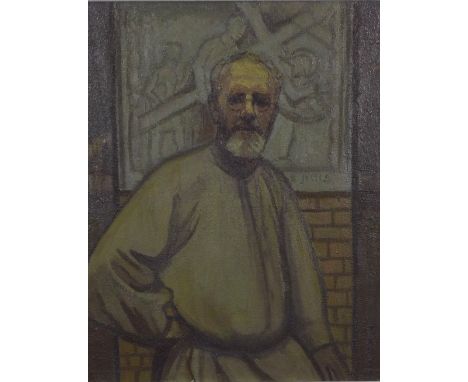 Russell, half length portrait, sitter believed to be  Eric Gill, oil on canvas, signed indistinctly, framed, 40 x 50cm 