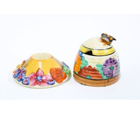 Clarice Cliff My Garden candlestick 9cm, and a Clarice Cliff Gayday beehive honey pot and cover (cover a/f) with printed back