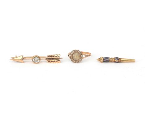 A collection of nineteenth century jewellery. Comprising: a 14 karat gold rose cut diamond arrow brooch, a seed pearl memento