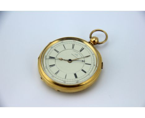 A Victorian 18ct gold cased open face key wind centre seconds chronograph, London 1880, the circular white enamel dial marked