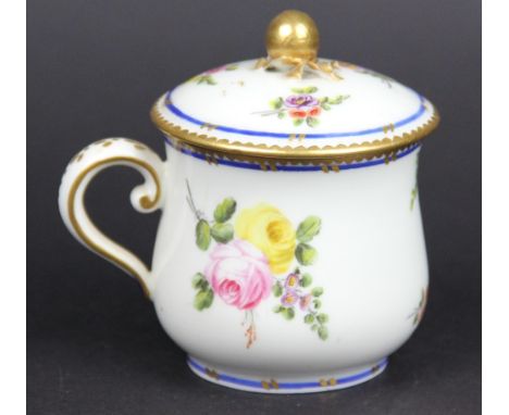 An 18th century Sevres porcelain custard cup and cover, with gilt ball finial and painted with floral bouquets and gilt detai