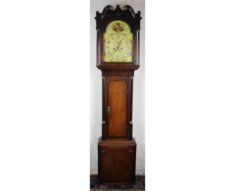 An early 19th century Shropshire oak and mahogany eight day long case clock, painted Arabic dial with subsidiary seconds and 