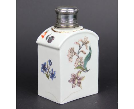 An 18th century Meissen tea caddy and silver cover, painted with floral sprigs and sprays under a gilt rim, cross swords mark