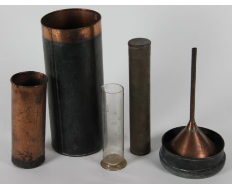 A copper rain gauge, with glass measurer, internal copper canister and funnel lid and canister base, 32cm; with a brass hydro