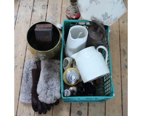 Two pairs of fur gloves, two lamps, a riding boot shaped table lighter, a brass jardiniere etc (qty)