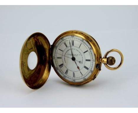 A Victorian 18ct yellow gold half hunter, chronograph pocket watch, J Hargreaves & Co, the four piece case hallmarked Chester