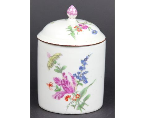 An 18th century Hochst porcelain ointment jar and cover, with bud finial and painted with floral sprays, painted red wheel ma