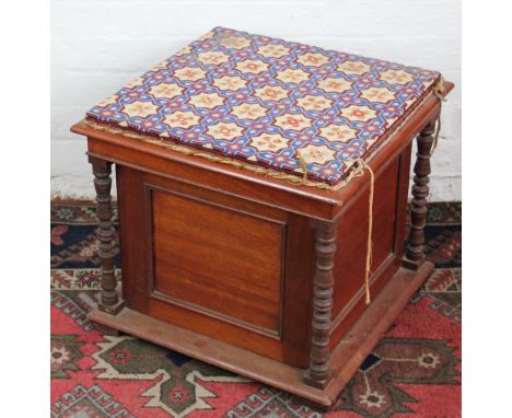 A Victorian mahogany ottoman, with tapestry top, on plinth base, 50cm x 56cm x 56cm