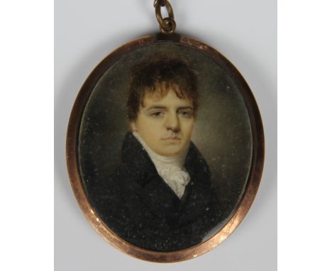 English School - early 19th century,
watercolour miniature on ivory,
portrait of a gentleman, in gold frame with two colour e
