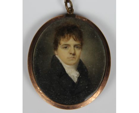 English School - early 19th century,
watercolour miniature on ivory,
portrait of a gentleman, in gold frame with two colour e