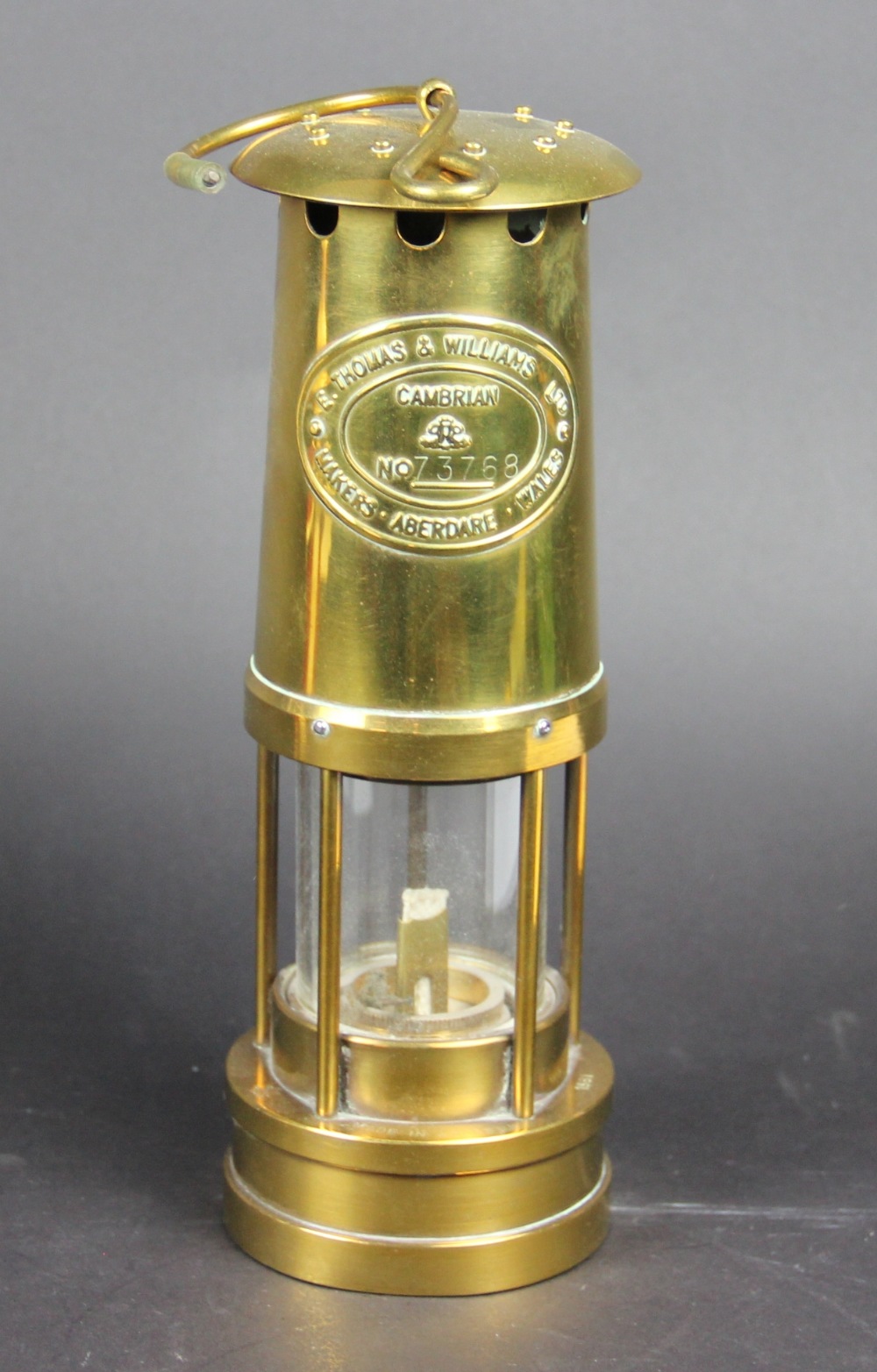 A Thomas & Williams of Aberdare brass and iron Davy lamp