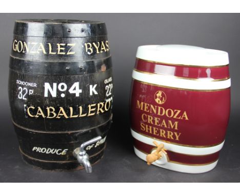 A vintage coopered and painted oak barrel with chrome tap, stamped 'Gonzalez Byass No.4 K Caballero Produce of Spain' and a M