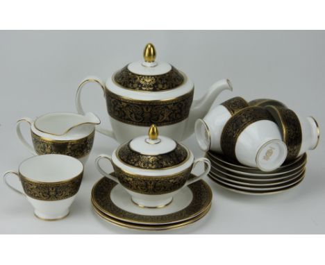 A Minton Grandee pattern part tea service, to include; teapot and cover, sucrier and cover, milk jug, five cups, six saucers 