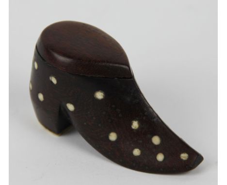 A 19th century French laburnum wood shoe snuff box, with pique work and bone inlay, 8cm