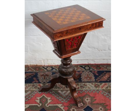 A Victorian walnut games / work table, on carved and turned tripod base, 72cm x 43.5cm x 37cm