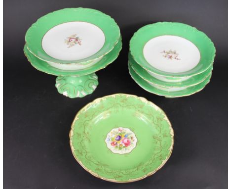 A Royal Worcester dish, painted with flowers against a gilt green ground, circa 1935, 25cm diameter, four Victorian Staffords