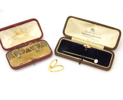 Three gold collar slides,  to include a Murle Benett example and a cased pearl set stick pin 