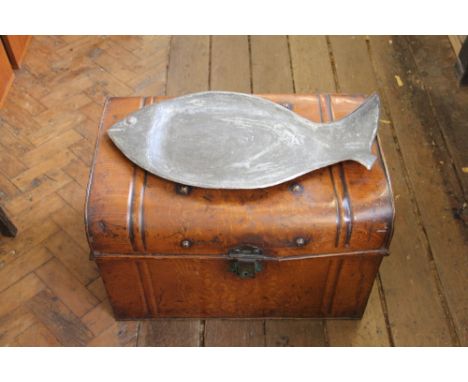 A tin trunk, a fish platter and a lacquered brass light fitting