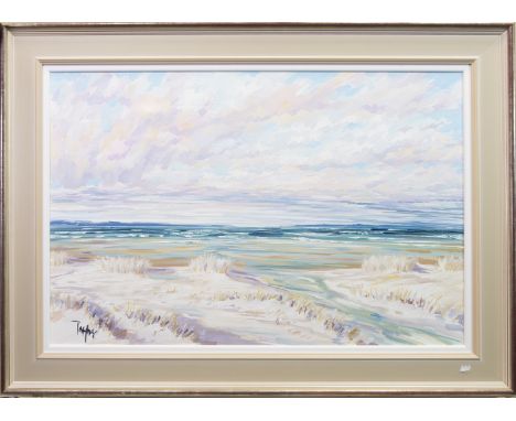 * TOM BARRON, FINDHORN SANDS II oil on canvas, signed 61cm x 91cm Framed. Note: Tom Barron is a Scottish landscape and seasca