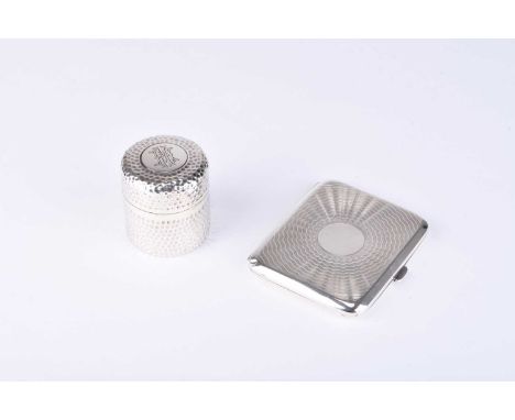 A silver cigarette case and a silver travelling ink pot, the cigarette case with engine turned rayed decoration, hallmarked W