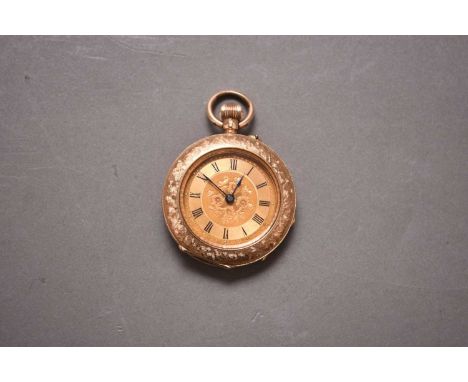 A lady's 14ct gold open face fob watch Date: Circa 1910 Movement: Jewelled bridge plate, stem wind and set Dial: Turned and e