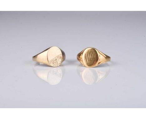 A 9ct gold signet ring, with bright cut engraved decoration, size R 1/2, weight approx 4.5g, together with a yellow metal sig
